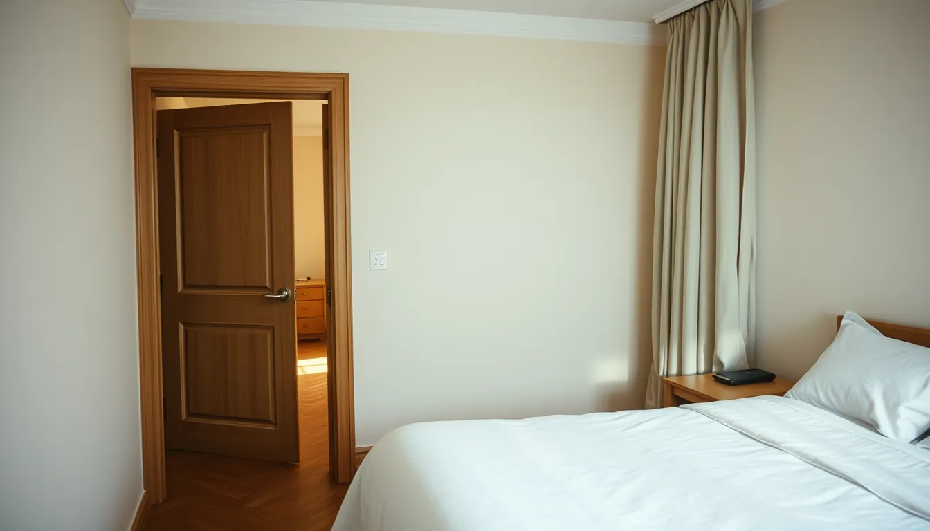 A tidy bedroom with the bed made and soft daylight